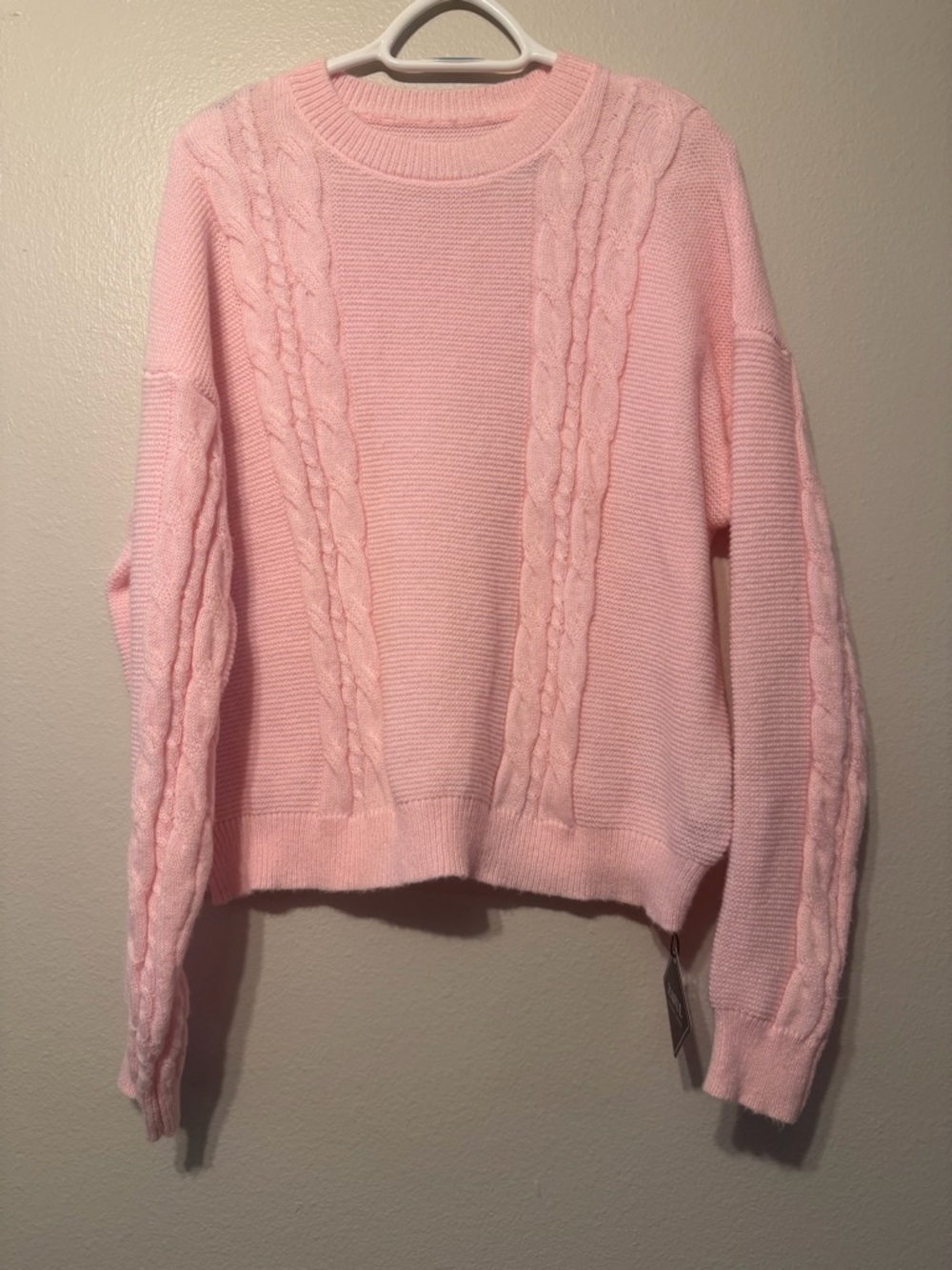 Zaful Light Pink Cable-Knit Crew Sweater